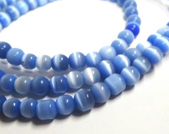 Full Strand Periwinkle Blue and White 5mm Smooth Round Flashy Cats Eye Jewelry Beads - approximately 90 beads