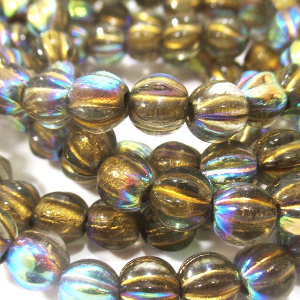 Gold with AB and Gold Wash Finishes 6mm Czech Glass Fire Polished Big Hole Melon Jewelry Beads