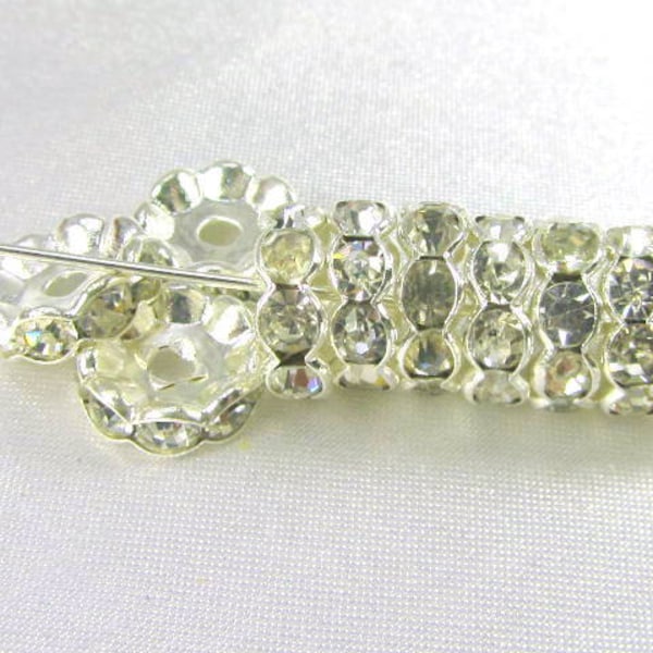 10 Scalloped 10mm Silver and Clear Crystal Round Wavy Rondelle Metal Spacer Jewelry Beads or Findings