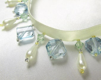 Seaside Aqua, Mint Green and Ivory Pearl Short Beaded Fringe Trim for Costume Embellishment or Home Decorator Trim