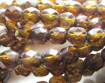 Honey Gold 6mm Faceted Fire Polished Czech Glass Jewelry Beads with Metallic Brown Rust color-changing finish - Strand of 25 beads