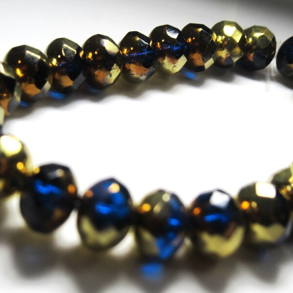 Sapphire Blue with Bronze and Gold Finishes Czech Glass 7mm x 5mm Faceted Rondelles