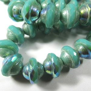 Sea Green 10mm Czech Glass Saturn Rondelles with Silver Metallic Picasso and AB Finishes