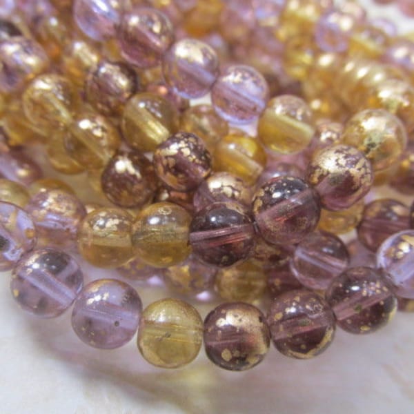 RESTOCKED Venetian Mix Amethyst Plum and Honey Gold Czech Glass 6mm Round Druk Jewelry Beads