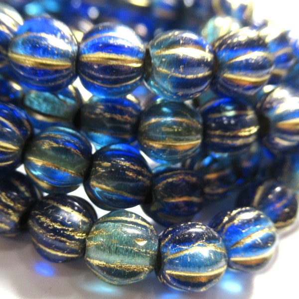 Big Hole 6mm Sapphire Blue and Sky Blue Czech Glass Melon Jewelry Beads with a Gold Wash (25 beads)