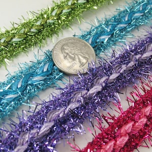 1 yard Sparkly Fuzzy Metallic Tinsel 1 Inch Wide Trim in Blue Turquoise , Lime Green Aqua, Purple Lavender, or Fuchsia Pink