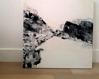 Minimalist painting on canvas. black and white landscape acrylic painting "Valley"