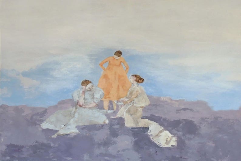 Woman art printfigure of girls sisters wall artwomen friends portrait in landscapewomen figurative wall art Three