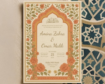Editable Muslim Wedding Invitation Template | Islamic Nikah Canva Card with Bismillah | Floral Calligraphy Design | Instant Download | WA02