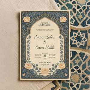 May include: A wedding invitation card with a navy blue and gold floral design. The card features the names Amina Zahra & Omar Malik, with details for the Nikah ceremony. The card is decorated with floral elements and the text "WE ARE DELIGHTED TO INVITE YOU TO THE NIKAH CEREMONY OF".