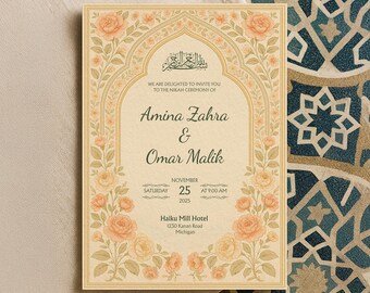 Editable Muslim Wedding Invitation Template | Bismillah Canva Design | Floral Nikah Invite | Islamic Calligraphy | Digital Download | WA01
