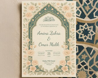 Printable Canva Islamic Nikah Invitation | Editable Digital Blush Floral Arch Template with Arabic Calligraphy in Soft Pastel Style | WA11