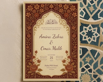 Burgundy Red Floral Muslim Wedding Canva Card | Editable Islamic Nikah Invitation Template  | Printable Digital Download Ceremony | WA20