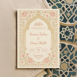May include: A rectangular wedding invitation with a floral design and the names Amina Zahra & Omar Malik. The invitation includes the date, time, and location of the ceremony, with a cream and gold color scheme.