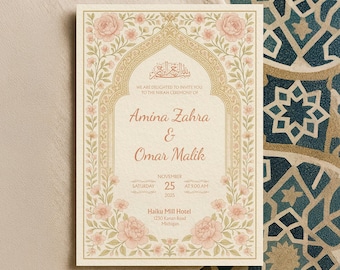 May include: A rectangular wedding invitation with a floral design and the names Amina Zahra & Omar Malik. The invitation includes the date, time, and location of the ceremony, with a cream and gold colour scheme.