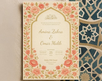 Floral Muslim Nikah Template | Customizable Islamic Canva Design with Elegant Calligraphy & Bismillah | Pastel Wedding Print | WA05