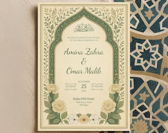 Editable Islamic Wedding Invitation Canva Template | Printable Beige Green Floral Nikah Card with Arabic Arch | Elegant Botanical | WA12