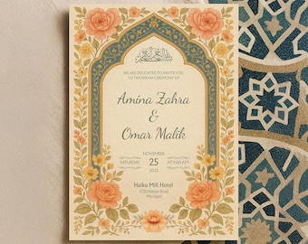 Orange Floral Muslim Wedding Invitation Template: Printable Islamic Nikah Card | WA18
