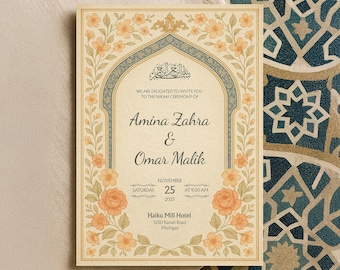 Editable Muslim Wedding Invitation Template | Printable Orange Floral Nikah Card with Arabic Arch & Calligraphy in Canva Format | WA13