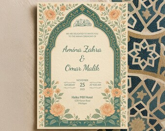 Orange Floral Muslim Nikah Invitation: Printable Islamic Wedding Invitation, Editable Canva Template | WA17