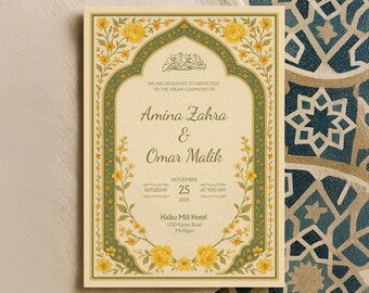 Editable Yellow Floral Nikah Invitation Template: Muslim Wedding Card | WA14