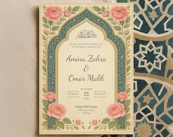 Editable Digital Nikah Invitation Card | Islamic Arch Template with Pink Rose Floral Design and Elegant Arabic Calligraphy | WA10