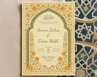Digital Nikah Invitation Template: Yellow Floral Art Nouveau Wedding Card | WA08