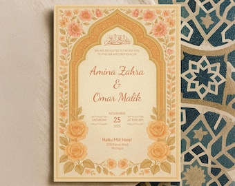 Customizable Islamic Canva Template | Printable Muslim Nikah Design with Golden Floral Details & Editable Arabic Calligraphy | WA06