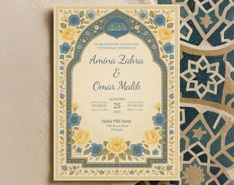 Editable Floral Muslim Nikah Invitation Card | Blue and Yellow Islamic Canva Template with Arabic Details & Elegant Arch Design | WA09
