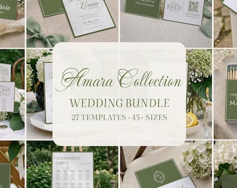 AMARA Sage Green Old Money Wedding Bundle: Editable Invitation Suite, Printable Reception Signs & Menu Templates