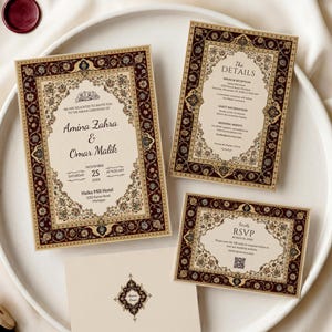 May include: A wedding invitation suite featuring a cream-colored main card, a details card, and an RSVP card, all framed by an ornate dark burgundy and gold floral border. The text includes names Amina Zahra and Omar Malik with event details.