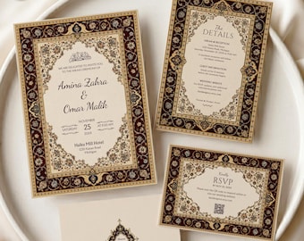 Islamic Wedding Invitation Suite: Ottoman Style Nikah Invite Template, RSVP and Details Card Set, Burgundy Muslim Wedding Bundle