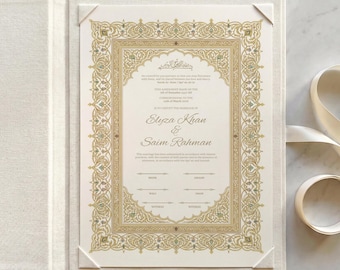 Editable Islamic Nikkah Certificate: Gold Ornate Muslim Wedding Contract, Canva Template A3 & A4
