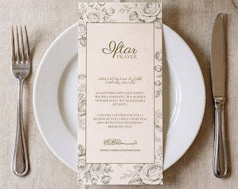 Ramadan Iftar Prayer Card | Vintage Floral Dua Table Printable Canva Template | Islamic Dinner Decor
