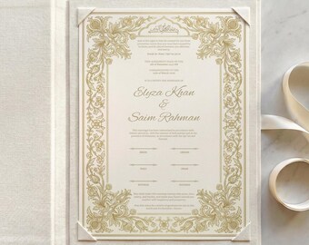 Gold Floral Islamic Nikkah Certificate: Luxury Muslim Wedding Certificate, Personalized Marriage Contract