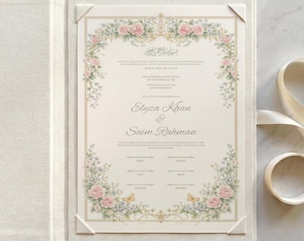 Floral Islamic Nikkah Certificate: Pink Rose Wedding Contract (Digital Download, Canva Template A3/A4)