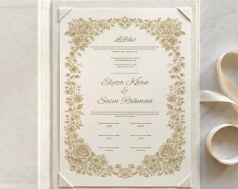 Gold Floral Islamic Nikkah Certificate: Elegant Muslim Wedding Contract, Luxury Personalized Marriage Template
