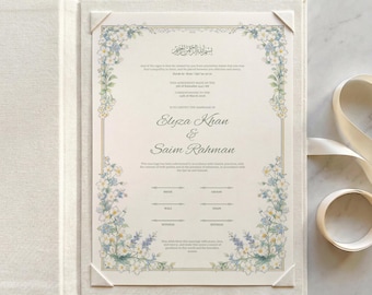 Daisy Floral Islamic Nikkah Certificate: Soft White & Blue Floral Muslim Wedding Contract,  Marriage Template