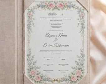 Floral Islamic Nikah Certificate: Soft Pastel Rose Muslim Wedding ContractTemplate, Personalized Marriage Contract