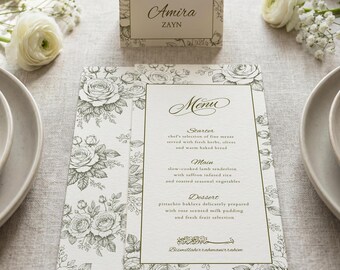 Wildflowers Islamic Wedding Menu & Place Card Template: Botanical Muslim Nikkah Reception Set (Digital Download)