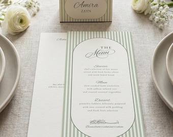 Islamic Wedding Menu & Place Card Template: Elegant Green Striped Arch Muslim Nikkah Reception Set