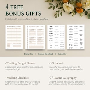 May include: Image shows four free bonus gifts for wedding invitations. Includes a wedding budget planner, wedding checklist, 32 line art elements, and 27 Islamic calligraphy designs. The text reads "Digital File | Instant Download | Printable."
