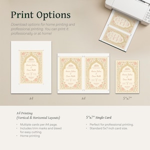May include: Print options for invitations. The image shows A4 and 5"x7" card sizes. The cards have a floral design with the names "Amina Zahra & Omar Malik". The text "Print Options" is at the top.