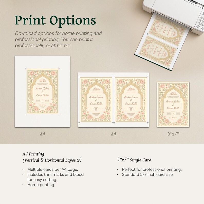 May include: Print options for invitations. The image shows A4 and 5"x7" card sizes. The cards have a floral design with the names "Amina Zahra & Omar Malik". The text "Print Options" is at the top.