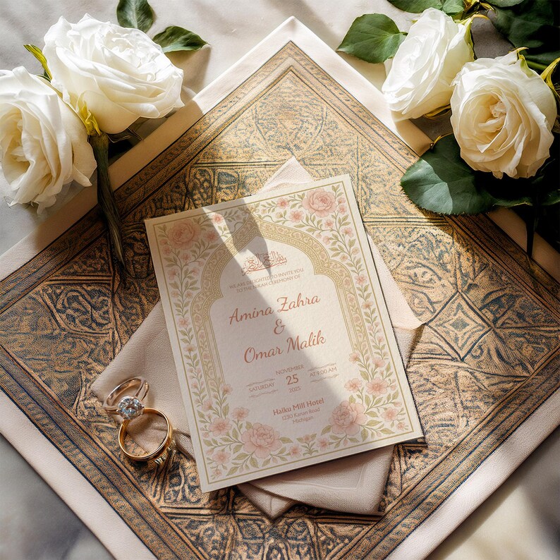 May include: Wedding invitation with floral design, featuring the names Amina Zahra & Omar Malik, and the date November 25. Two wedding rings and white roses are also visible. The invitation is on a patterned surface.
