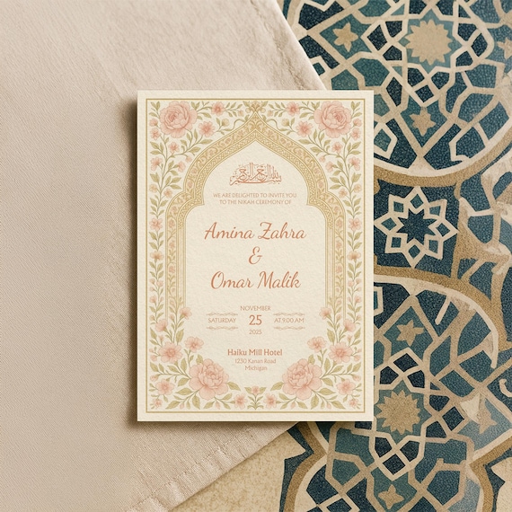 Editable Blush Floral Muslim Nikah Invitation Template | Canva Printable Wedding Card with Elegant Islamic Motif Design | WA15