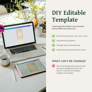 May include: A laptop and tablet showing a DIY editable template design. The text reads "DIY Editable Template" and lists customisation options. A cup of coffee and a pen are also visible on the white surface.