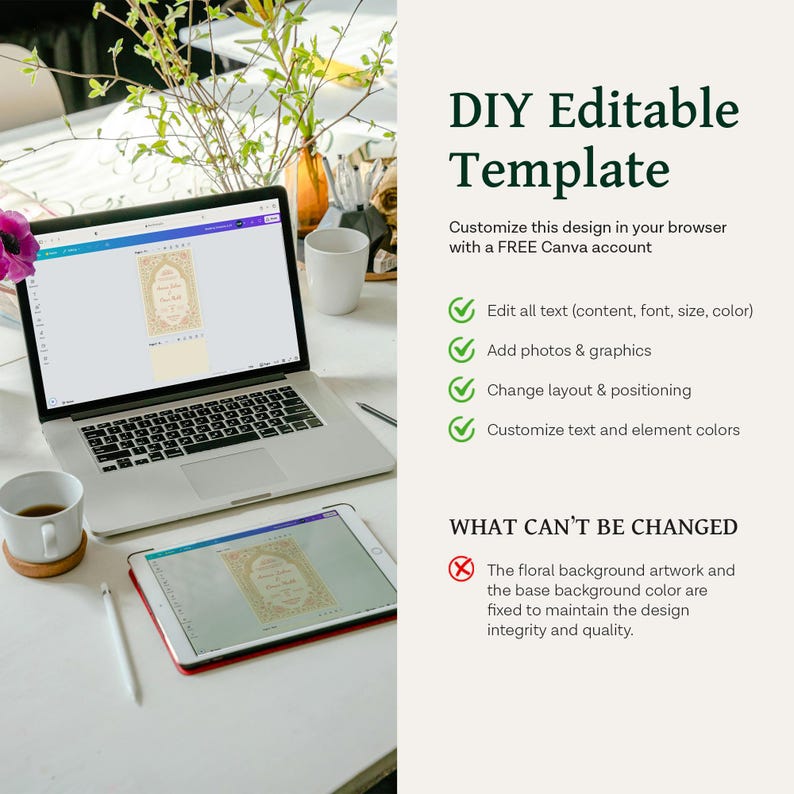 May include: A laptop and tablet showing a DIY editable template design. The text reads "DIY Editable Template" and lists customisation options. A cup of coffee and a pen are also visible on the white surface.