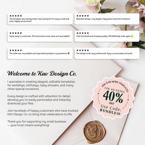 May include: Promotional image for Kav Design Co. with customer reviews and a discount offer. Text includes "Welcome to Kav Design Co." and "40% OFF." The image has a soft, elegant aesthetic with floral accents and a wax seal.