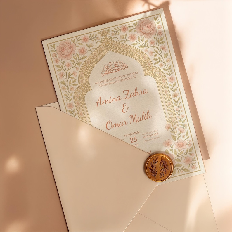 May include: A Nikah ceremony invitation card with the names Amina Zahra & Omar Malik. The card has a floral design with pink roses and green leaves. The invitation is in a light beige envelope, sealed with a gold wax stamp.